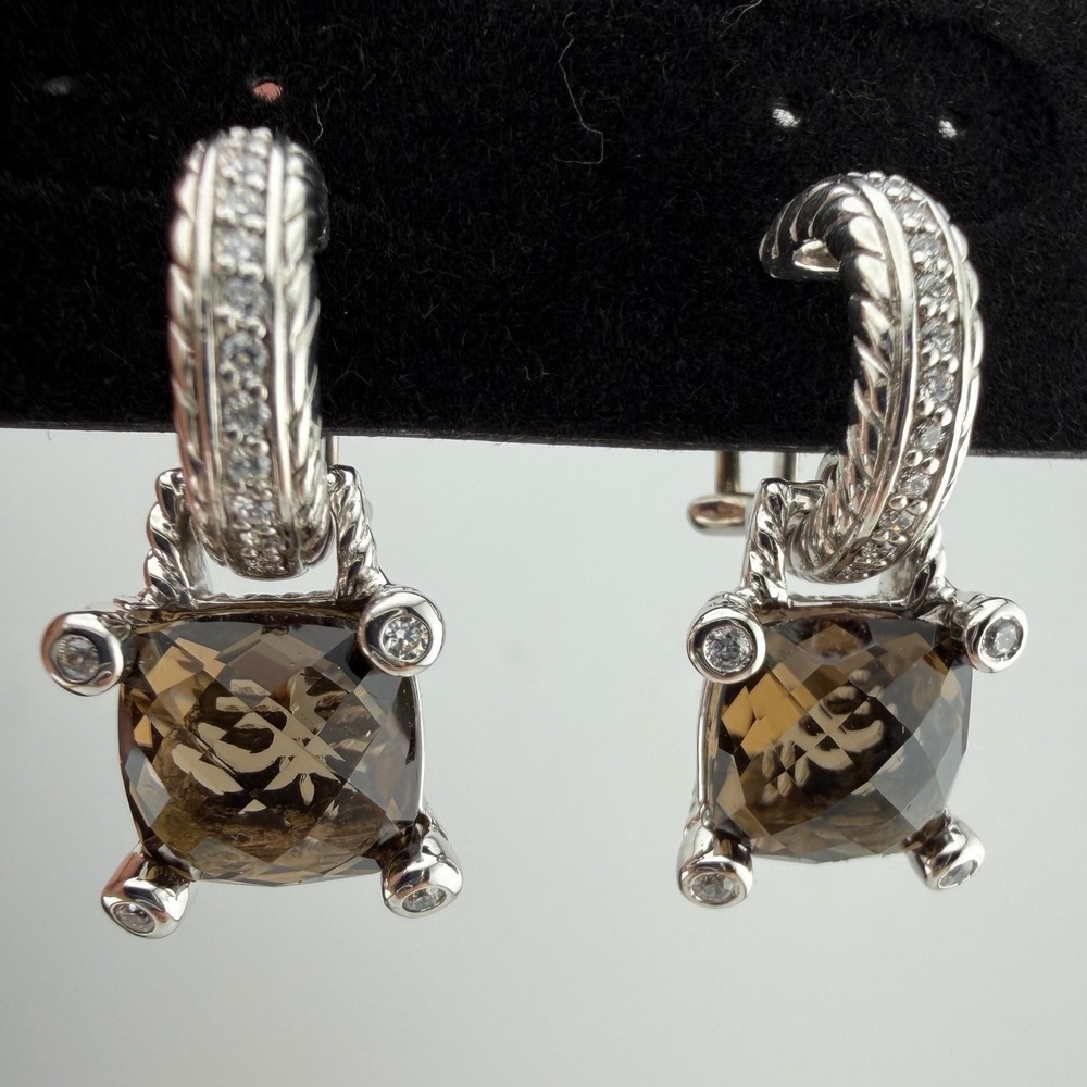 Judith Ripka 925 Silver Smoky Quartz CZ Drop Earrings